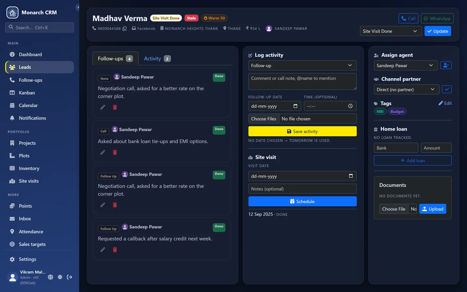 Lead workspace with follow-up timeline, activity logging, tags, home loan, and documents