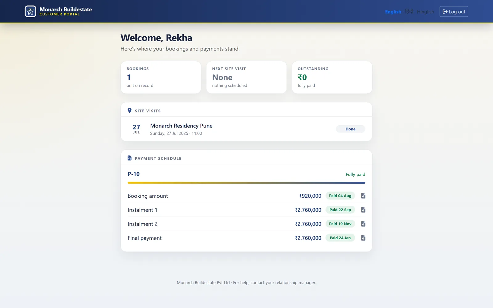 Customer portal with booking summary, site visits, and a fully paid payment schedule